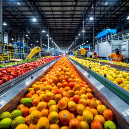 Conveyor belts filled with various fresh fruits in a large industrial warehouse, highlighting the food sorting process.