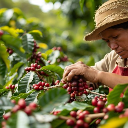 A diligent farmer carefully picks ripe coffee berries in the plantation