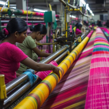 Industrial textile factory merges tradition with modernity, as workers skillfully weave vibrant fabrics on looms